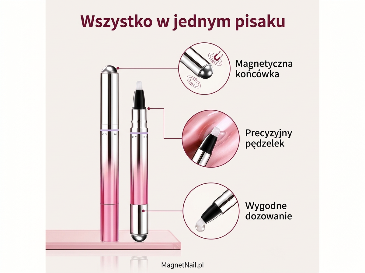Budowa magnetycznego pisaka: końcówka, pędzelek i dozowanie