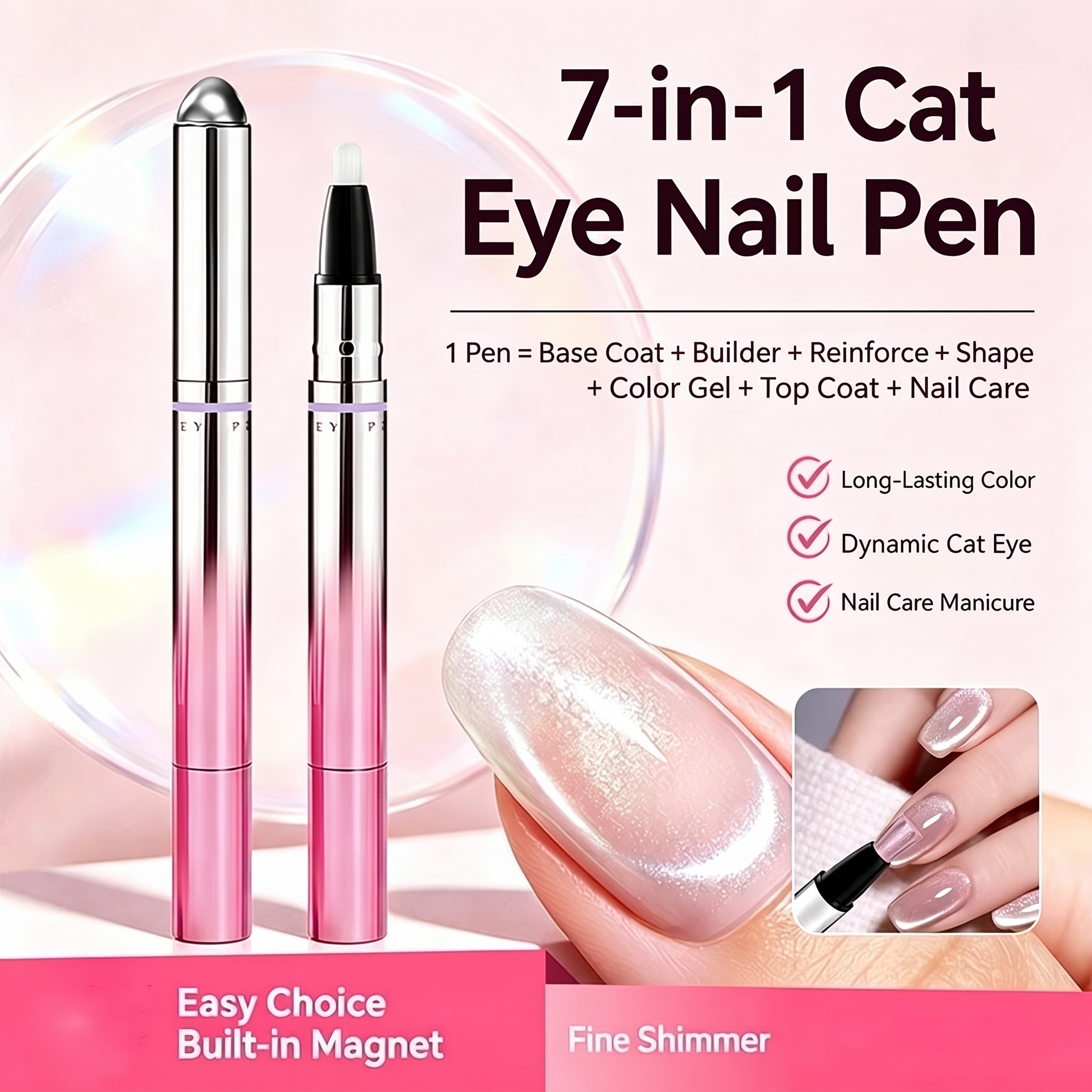 Różowy magnetyczny pisak do paznokci Cat Eye 7w1